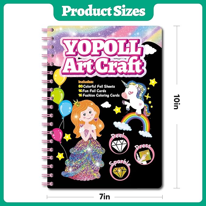 Fun & Mess-Free Foil Art Kit for Kids – 80 Foil Sheets & 32 Art Cards, No Glue Needed, Creative Craft Gift for Christmas Halloween Holiday Birthday（Princess Version）