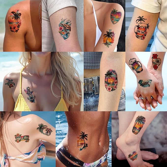 48 Sheets Temporary Tattoos for Adults - Tropical Waterproof Arm Tattoo Stickers with Hawaiian Beach Palm Trees Sunset Flowers, Large Full Arm Fake Tattoo Body Art for Men Women Teens for Summer Party