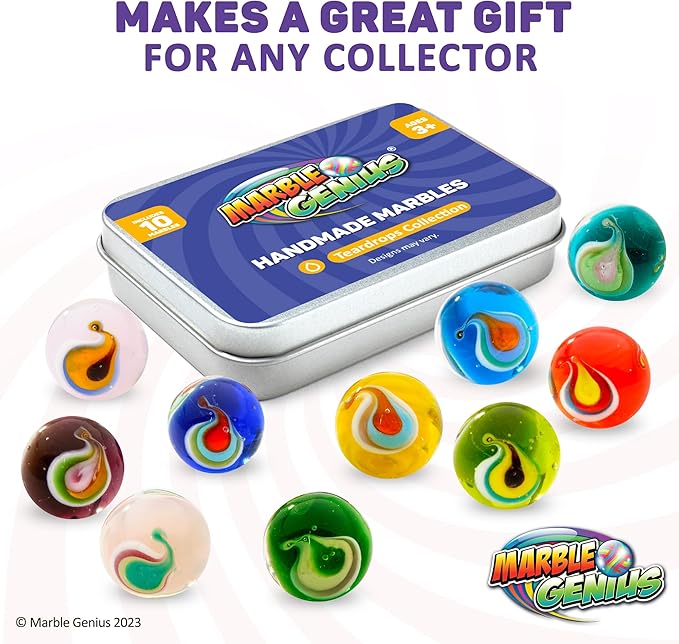 Marble Genius Collectors Marbles, Teardrop, 16mm (⅝ Inch), 10 Handmade Glass Marbles, Gifts for Marble Lovers, Gifts for Kids Ages 3+
