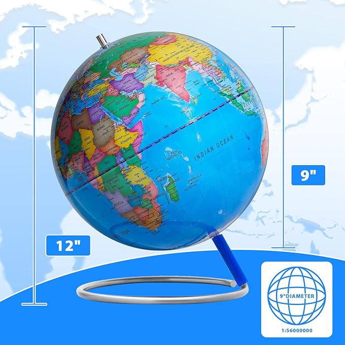 9" World Globe for kids Learning, Classroom Desk, Geographic Globe with iron Stand & colorful Magnetic Push Pins & magnifier & handkerchief, 360° Horizontal Rotation Educational World Globe, Blue