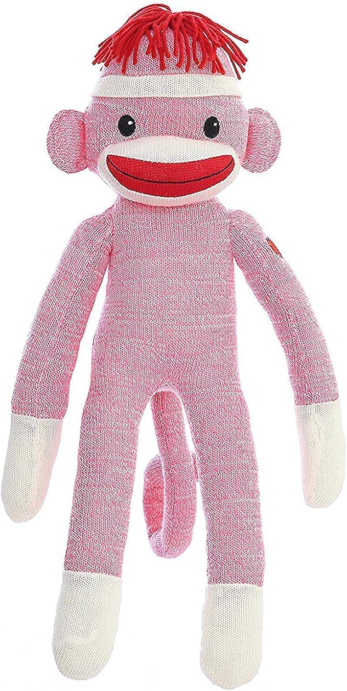 Adorable Sock Monkey, The Original Traditional Hand Knitted Stuffed Animal Toy Gift-for Kids, Babies, Teens, Girls and Boys Baby Doll Present Puppet (20" Pink)