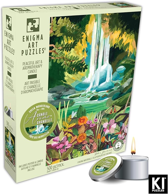 KI Puzzles 500-Piece Jigsaw Puzzle – Aromatherapy Blueboard with Candle – Rhi James Chasing Waterfalls – 24x18 Cozy & Relaxing Hygge Puzzle for Adults & Teens
