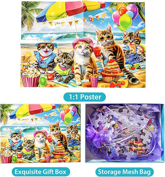 Puzzles for Kids Ages 4-8 6-8 8-10 Year Old and Seniors - Funny Cats Puzzle Beach Kitten Jigsaw Puzzles, 100 Piece Puzzle for Toddler Children Learning Educational Puzzles Toys for Boys and Girls