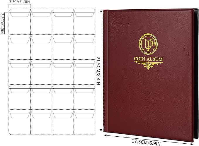 200 Pockets Coin Album - Coin Collecting Book with 10 Pages, 33x33 mm Grid Holder for Pounds Pence Cents Dollars Nickel (Red) CS48200RE