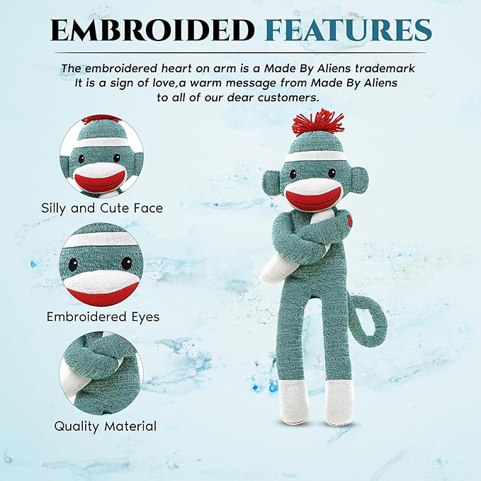 Adorable Sock Monkey, The Original Traditional Hand Knitted Stuffed Animal Toy Gift-for Kids, Babies, Teens, Girls and Boys Baby Doll Present Puppet (20" Green)
