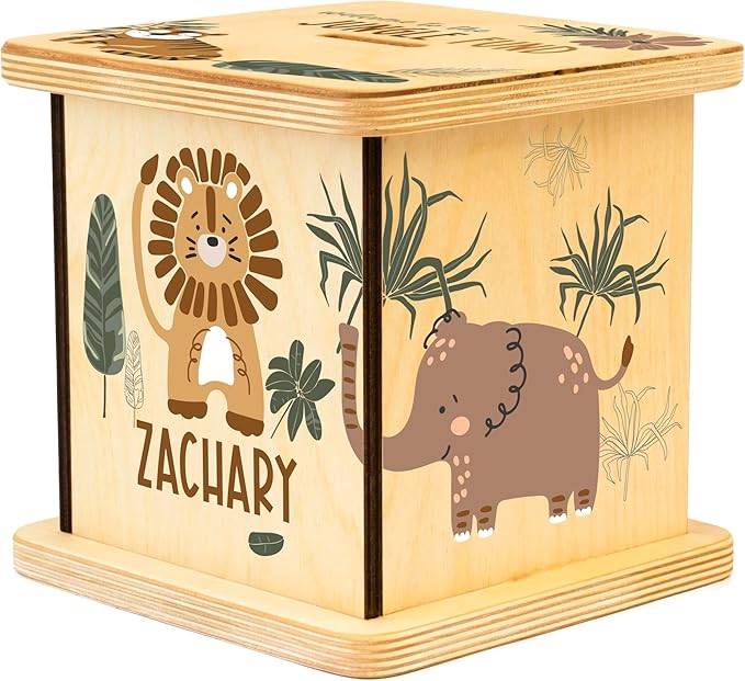 Wooden Piggy Bank for Kids and Adults, Personalized Gift Handmade in USA by BloomOwl, Custom Piggy Bank, Personalized Banks for Kids, Gifts for Baby Boys and Girls (Earthy Jungle)