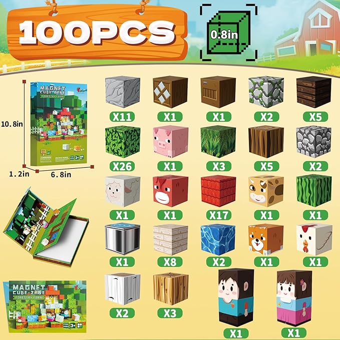 100PCS Magnetic Blocks - Travel Magnetic Building Blocks Set with 2-in-1 Magnet Box, Magnet Cubes Build Forest Farm STEM Sensory Construction Toys for Boys & Girls Ages 3-5 4-8 8-12 Birthday Gifts
