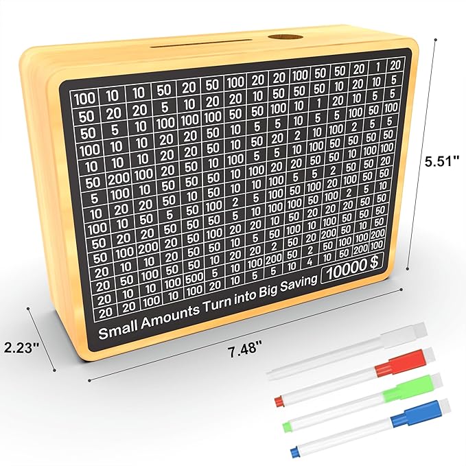Piggy Bank for Adults Kids, Wooden Coin Bank for Boys and Girls, Cash Vault Money Saving Box with Counter $10000 $5000 $3000 $1000 Savings Challenge Money Box with Money Target and Numbers (Wood Box)