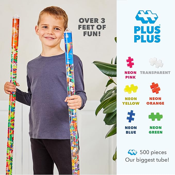 Plus Plus 500 Piece Super Tube, Interlocking Building Block 3D Puzzle Kit, Kids Stem Connecting Toys - Neon Color Mix