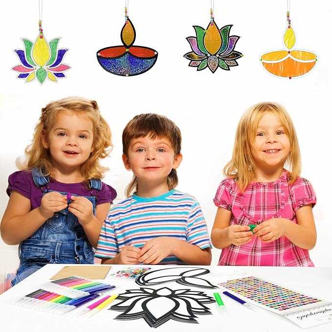 Cinrobiye 24 Set Happy Diwali Craft Kits Diwali Party Favors Foil Art DIY Lotus Flower Hanging Ornaments Festival of Lights Deepavali Paint Craft for Indian Temple Sunday Classroom Activity Supplies