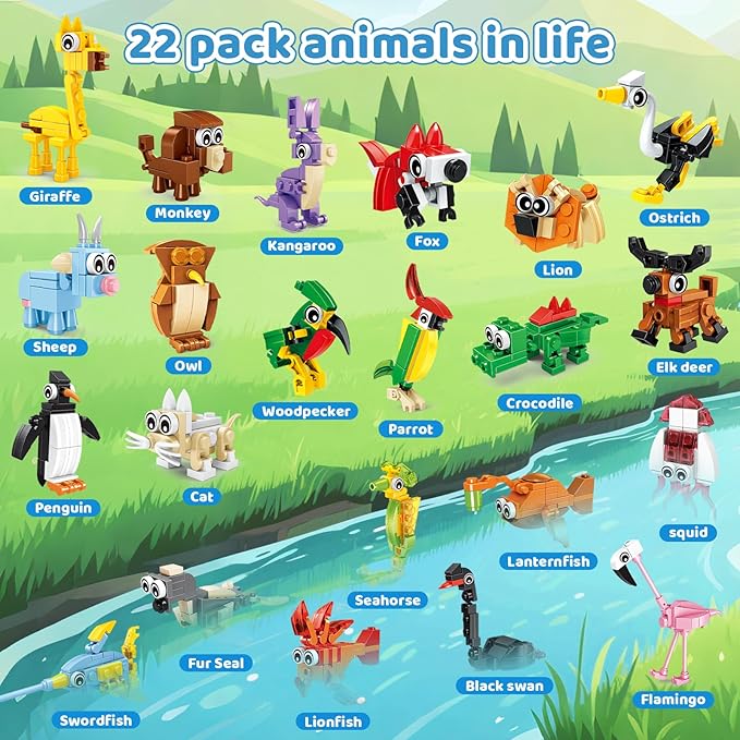 22 Pack Party Favors for Kids – 3-in-1 Animal Building Block Toys, Featuring 66 Designs, Goodie Bag Stuffers, Classroom Rewards, Birthday for Kids Ages 6-12