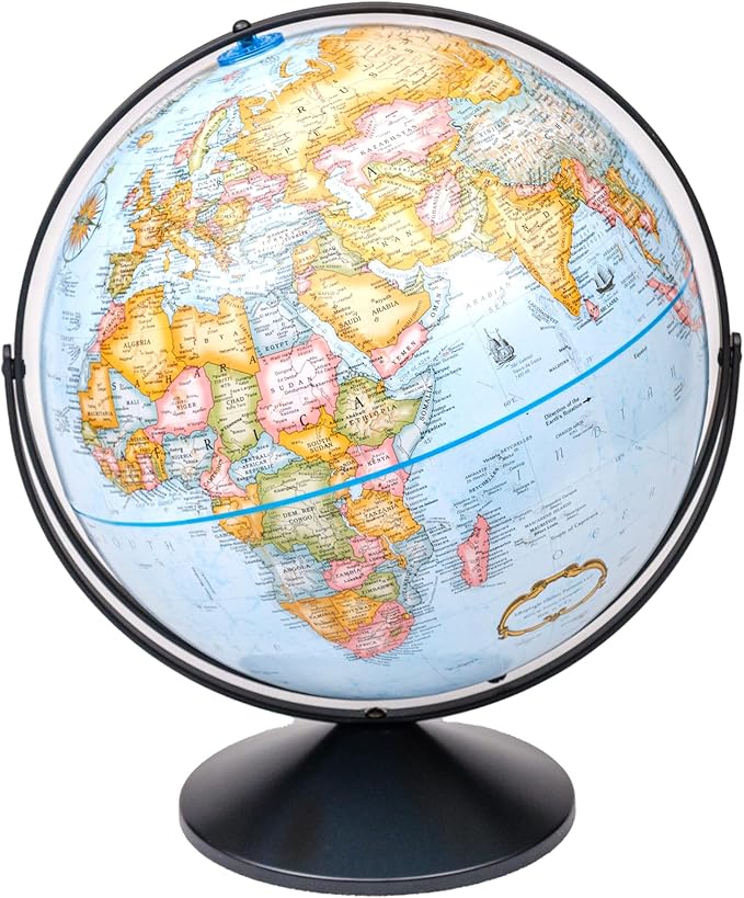 Replogle Eureka 16 inch desktop globe with up to date antique raised relief map and full swing gyromatic assembly. The beautiful blue ocean globe ball has vast amounts of up-to-date information will peak the interest of any geographical connoisseur of ...