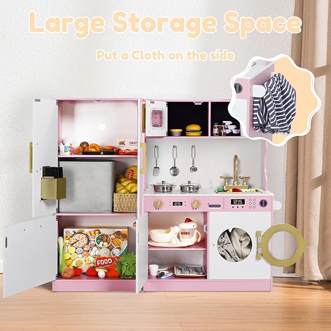 Play Kitchen Sets for Kids, Pretend Wooden Kids Kitchen Playset, Interactive Toy Kitchen with Freezer, Washing Machine, Ice Maker & Large Storage Space, for Boys Girls Ages 3+, Pink