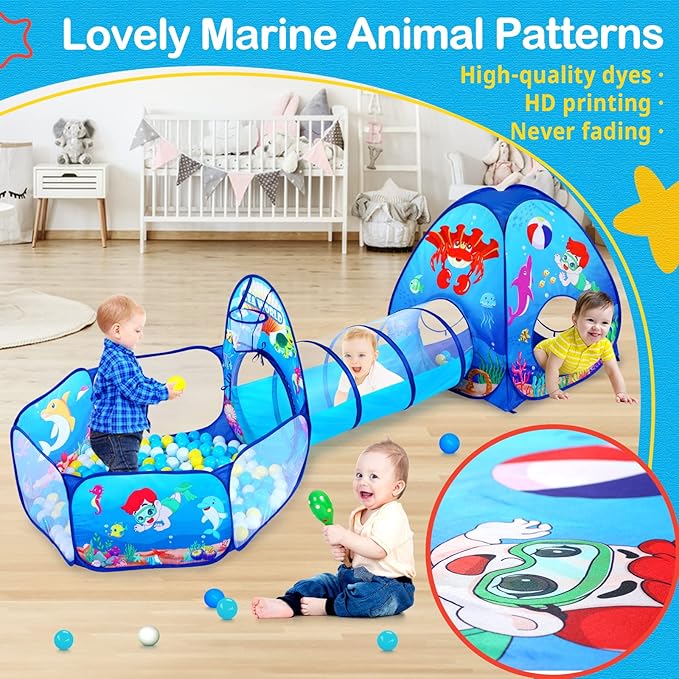 3-in-1 Kids Ball Pit with Play Tent & Tunnel - Indoor/Outdoor Pop Up Playhouse for Toddlers & Kids, Ages 3-5