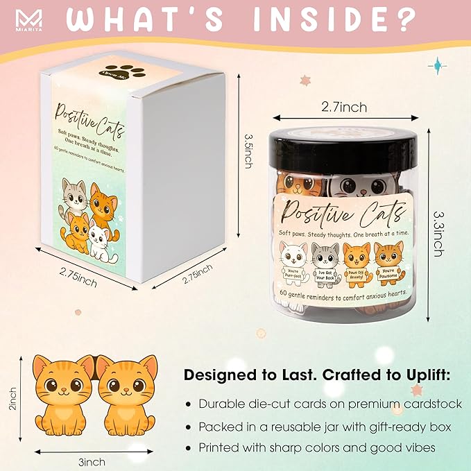 Positive Cats Jar – 60 Affirmation Cards for Anxiety & Self Care, Cute Cat Gifts for Women, Teens & Men, Mental Health & Stress Relief Support Gifts, Cats Themed Gift
