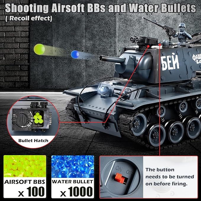 1:18 remote control Tank, 2.4Ghz Soviet Union KV1 RC Tank Model Toys, 15 Channel Battle Army Toy with Smoke, Light and Sound, Military RC Vehicle for Adult and Kid that Shoot BBS and Water Bomb