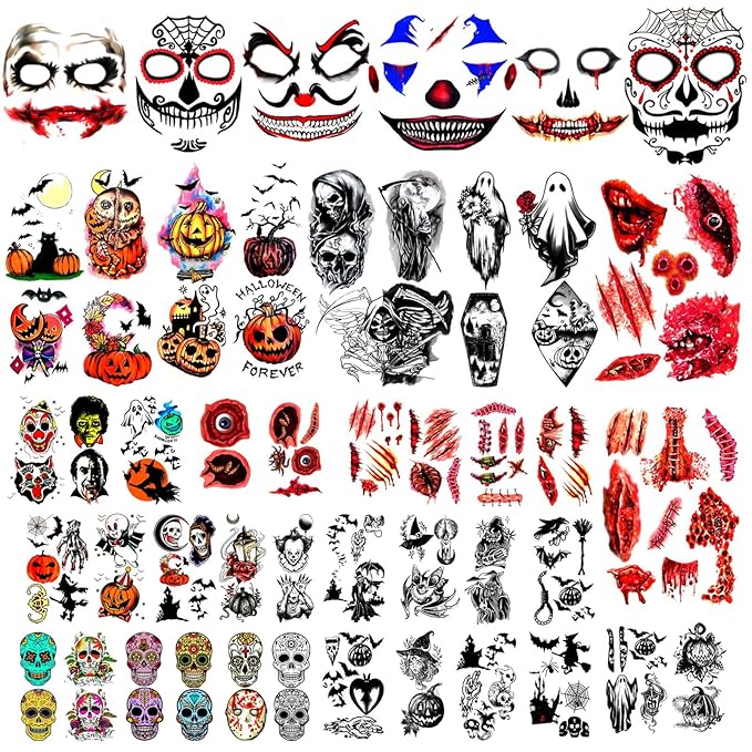 Yazhiji 42 Sheets Halloween Temporary Tattoo Family Set Day of Dead Pumpkin Ghost for Women Black Fake Death Skull Skeleton Tatoos for Men Boy and Girl, Halloween Zombie Makeup Tattoo Kit