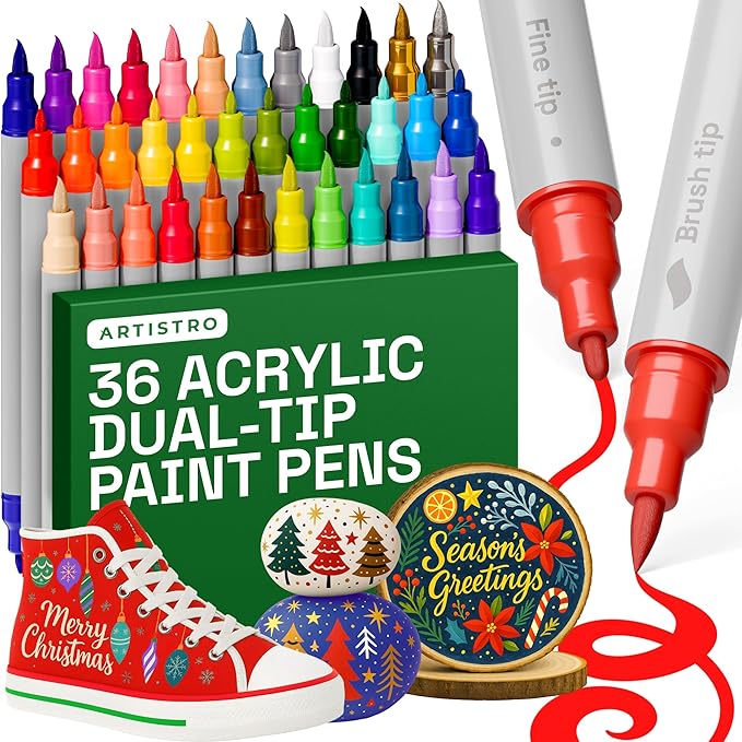 ARTISTRO 36 Dual Tip Brush + Fine Acrylic Paint Pens Ideal for Calligraphy - Paint Markers for Fabric, Rock, Glass, DIY - Stocking Stuffers, Christmas Gift Idea for Teens, Grandkids, Kids