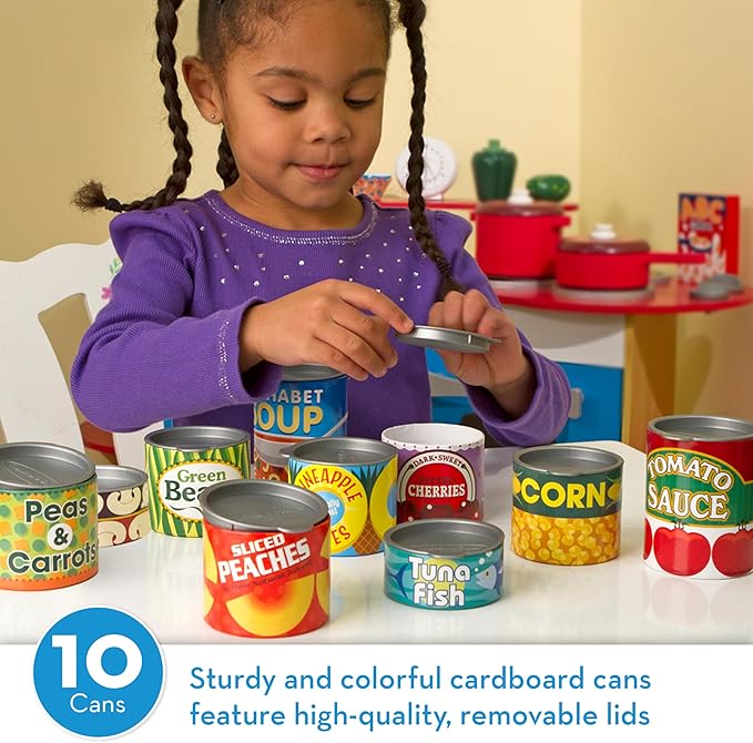 Melissa & Doug Let's Play House, 10 Grocery Cans with Removable Lids, Toy Food & Play Kitchen Accessories, Preschool Learning Toys for Girls & Boys 3+