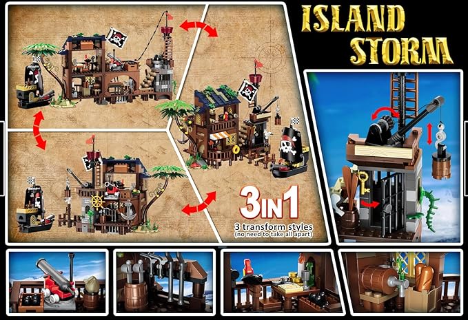 3 Style Pirate Ship Wharf Building Set with LED Light - 781PCS Medieval Pirate's House Building Block Toy, Architecture Bricks Kit for Kids Girls Boys Ages 6-12+ Birthday Gifts