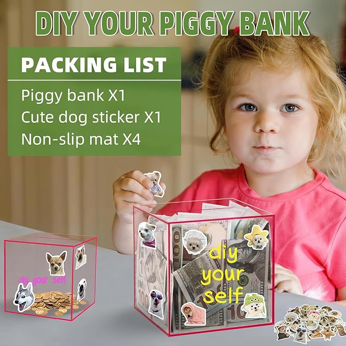 Clear Piggy Bank for Adults/Kids, Acrylic Unopenable Money Box for Cash Coin Saving, Must Break to Open, Money Saving Jar for Adults Boys Girls, Size 4.72''