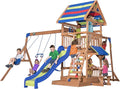 Backyard Discovery Beach Front Cedar Wood Swing Set with Wave Slide, Play Deck, Monkey Bars, Rock Wall Ladder, Shaded Picnic Area, Snack Bar, Belt Swings, Trapeze, Sandbox Area, Outdoor Playset
