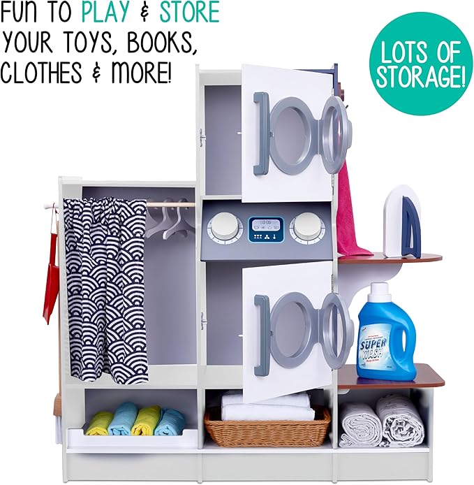 Lil’ Jumbl Kids Washer and Dryer Playset, Wooden Children's Pretend Laundry Set, Includes Broom, Dustpan, Iron, Hangers & Basket, Realistic Laundry Room for Kids - White
