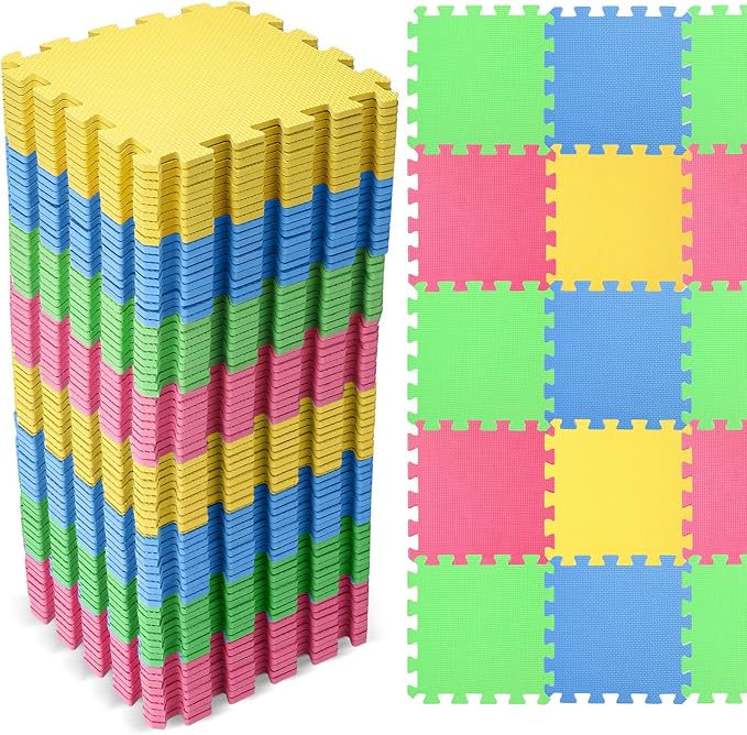 Nuanchu 60 Pcs Kids Foam Puzzle Floor Mat Bulk Solid Color Foam Play Mat with Borders Interlocking Multi Use Floor Rug for Baby Toddler Children 12 Inch (Green, Blue, Yellow, Red)