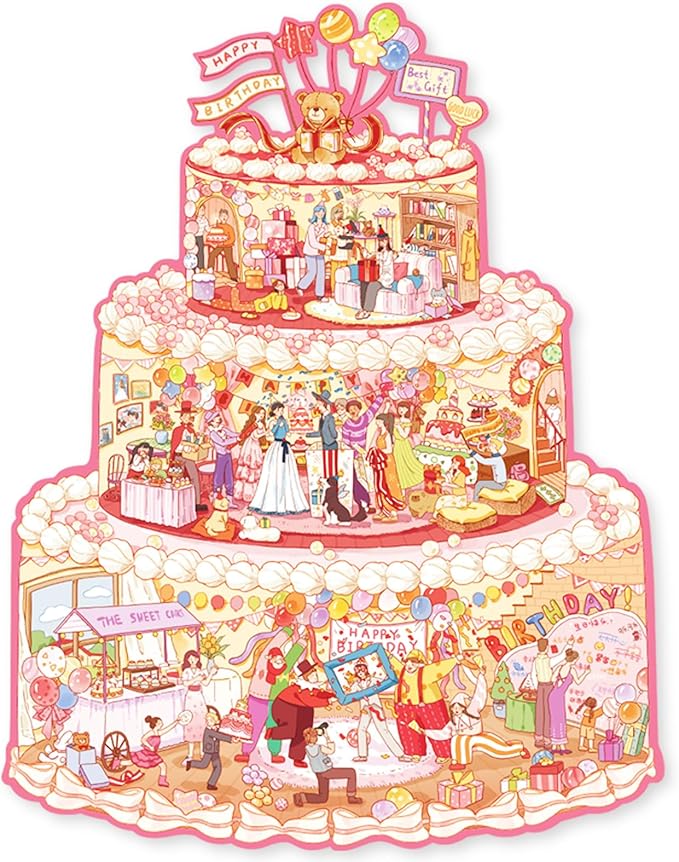 MOMIBOOK Puzzles for Adults 481 Pieces Irregular Jigsaw Puzzles of Birthday Cake Cabin, Painting Image Chinese Challenging Hard Impossible Puzzle Unique Funny Party Christmas Birthday Gifts