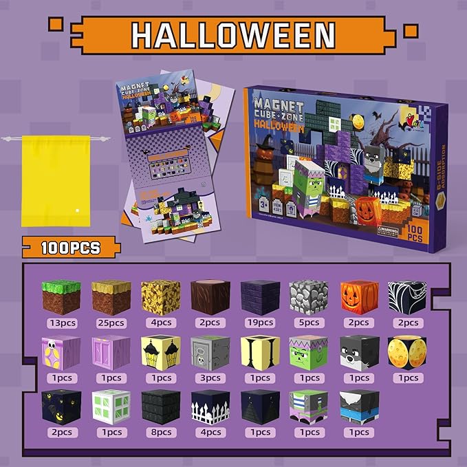 Halloween Magnetic Blocks 100 Pieces for Kids, Magnetic Tiles 3D Sensory Construction Building Dog Pumpkin, Magnet Cubes Stacking Toys Games for Toddlers Boys Girls Ages 3+