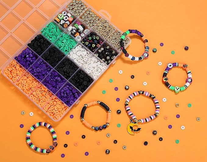 XIANNVXI 2700pcs Halloween Clay Beads Orange Purple Black White Green Jewelry Making Kit Friendship Bracelet Supplies with Halloween Pattern Clay Beads DIY Crafts Kit