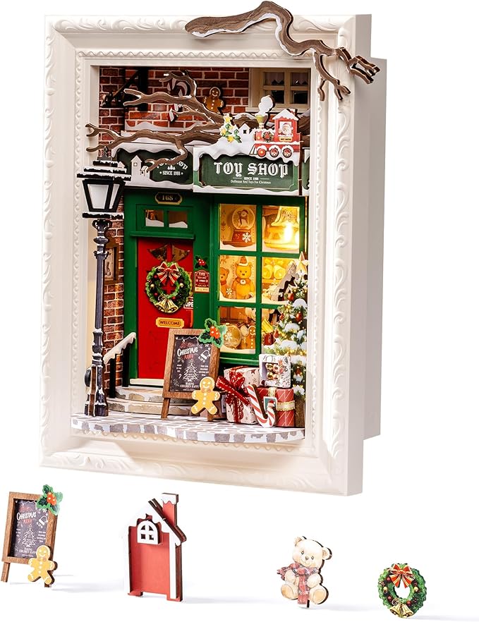 Rolife DIY Miniature House Kit, Mini Wooden Dollhouse Kit for Adults to Build, 3D Shadow Box Frame Home Wall Hanging Decor Diorama Kit, for Girls Women Teens-Santa's Toy Shop