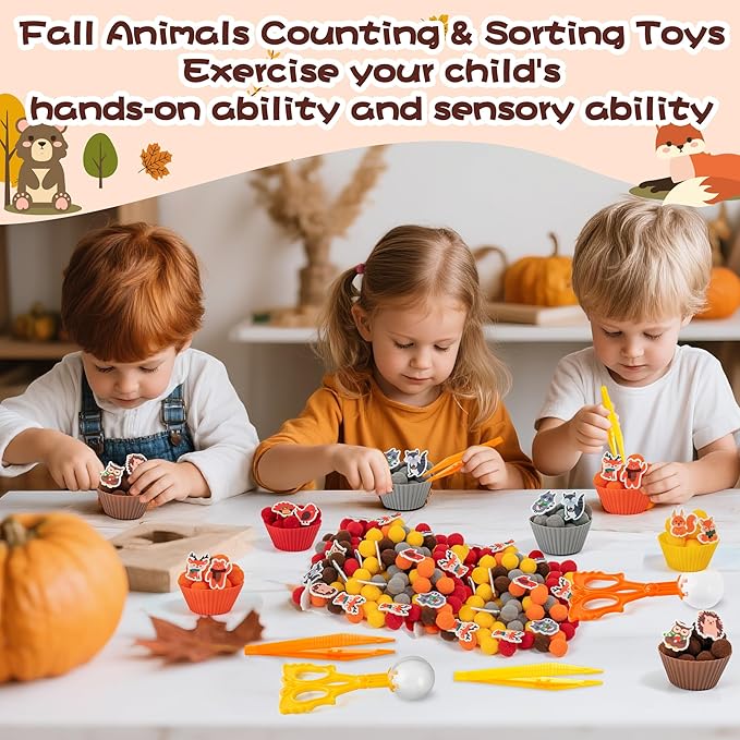 EZdhuawuse Fall Sensory Bin Fillers - 267 Autumn Animals Thanksgiving Fine Motor Toys Sorting Stacking Toys for Kids, Felt Hedgehog Squirrel Turkey for Preschool Education Early Development Activity