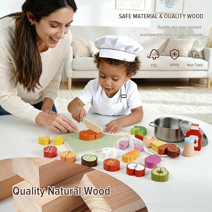 Wooden Play Food Set for Toddlers,Cutting Food for Preschool Activities, Pretend Play Kitchen Accessories for Kids, Fake Food Kitchen Toys for Boys & Girls