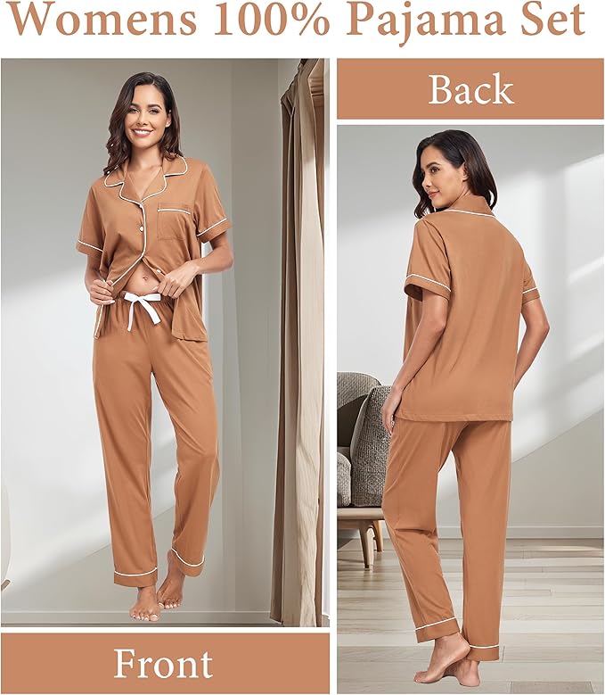 CF Womens 100% Cotton Pajamas Set Button Down Pjs Sets Short Sleeve Top & Long Pants Sleepwear Comfy Loungewear with Pockets