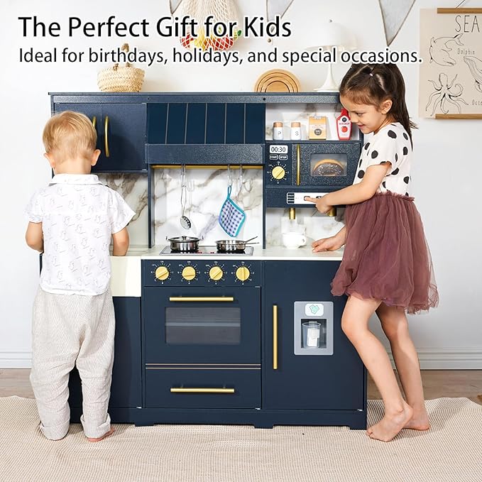 Wooden Play Kitchen for Kids with 14 Pcs Accessories, Interactive Pretend Play Kitchen Toys Set with Realistic Features, Learning Toy Gift for Boys & Girls Ages 3+ (Dark Blue)