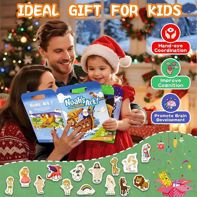 3 Pack Reusable Sticker Books for Kids, Waterproof Puffy Stickers - Match and DIY Scene, Toddler Travel Essential Activities Toys - Christianity Jesus, Noah's Ark and Fairy Tales (2-6 Age)