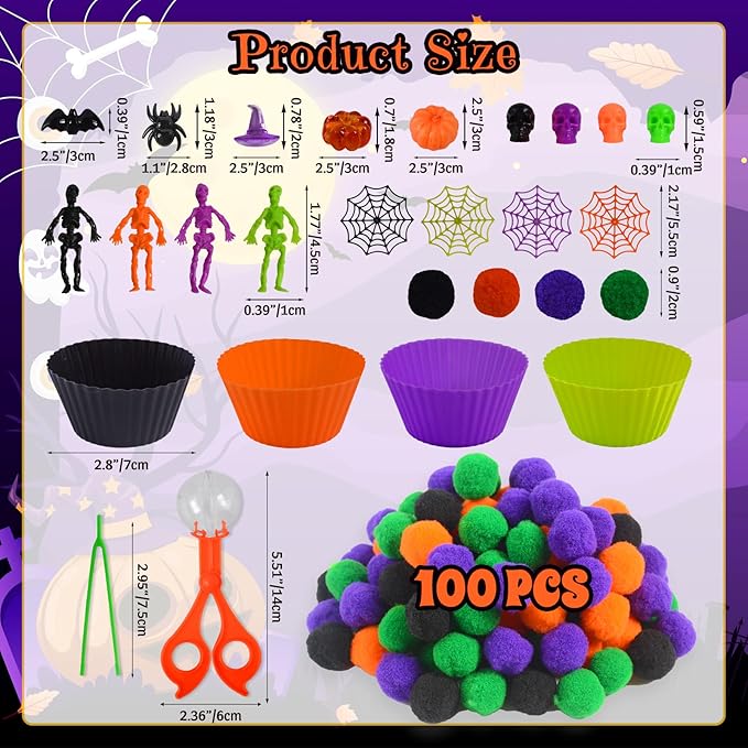 174Pcs Halloween Sensory Bin Filler Fine Motor Toys Horror Sensory Bin Items 100 Pompoms 8 Acrylic Pumkins 8 Witch Hats 8 Spiders 8 Bats 8 Skeleton Men 8 Skull 8 Spider Web 4 Foam Pumkins
