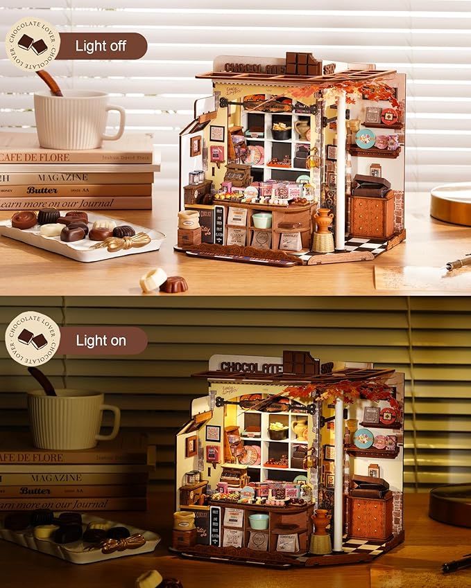 Rolife DIY Miniature House Kit Henry's Chocolate Shop 1:18 Scale Dollhouse Diorama, Tiny House Building Kit Crafts for Adults Home Decor Gift for Adults Him Her
