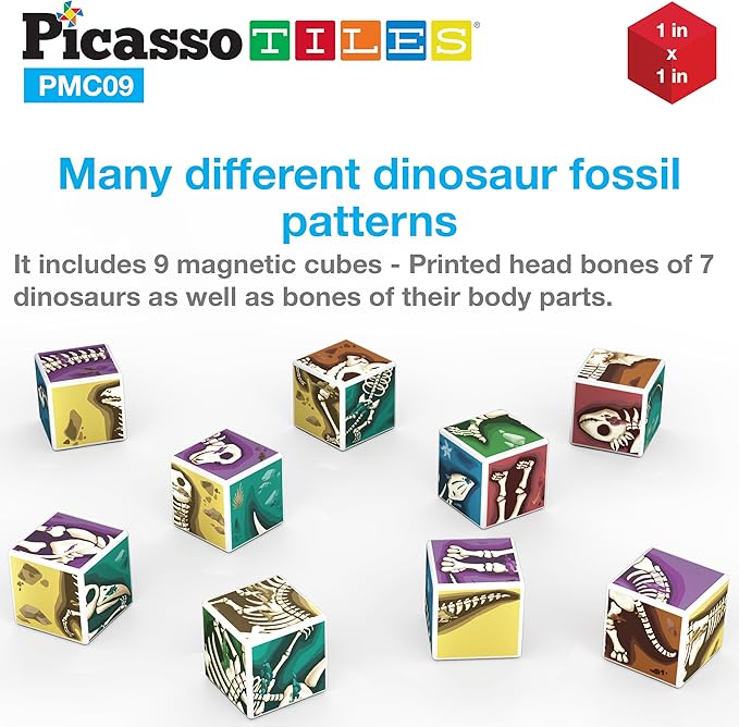 PicassoTiles Magnetic Cube Puzzle 7-in-1 Dinosaur Theme Pattern Magnet Mix Match Building Cubes Toy Set Kids Ages 3 & Up Preschool Children Promote Problem Solving Skills PMC10