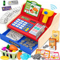 Rechargeable Wooden Cash Register for Kids, Pretend Play Calculator Cash Register Toys with Scanner, Play Money&Credit Card, Play Cash Register, Toddler Boys Girls Age 2-4 4-8