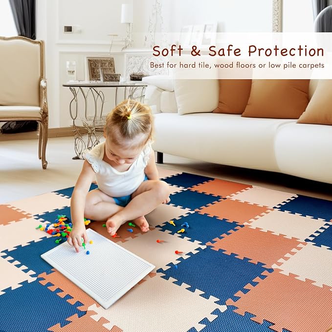 TCBunny Kids Soft EVA Foam Jigsaw Puzzle Play Mat, 18 Interlocking Tiles and Edges Baby Play Mat, for Kids Gym, Nursery, Playroom, Pet Mat, Total Floor Coverage 16 Sq Ft