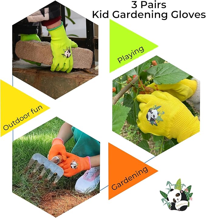 HANDLANDY 3 Pairs Kids Gardening Gloves Latex Free, Nitrile Coated Children Toddler Garden Yard Outdoor Playing Gloves for Little Girls Boys (Size M)