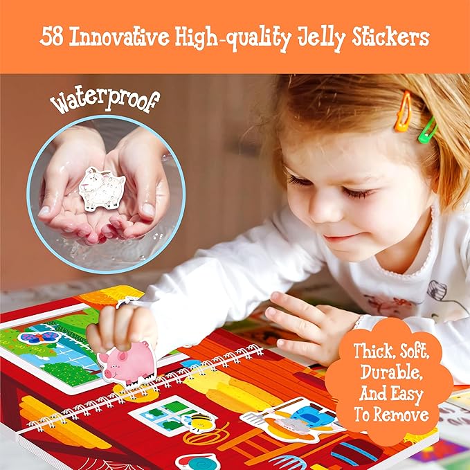 Reusable Jelly Sticker Book, 58 Farm Animals Thick Jelly Stickers Waterproof Gel Cling Decals Farm Themed Busy Book Hands-on Activity Travel Game Educational Learning Toys for Toddlers, Kids