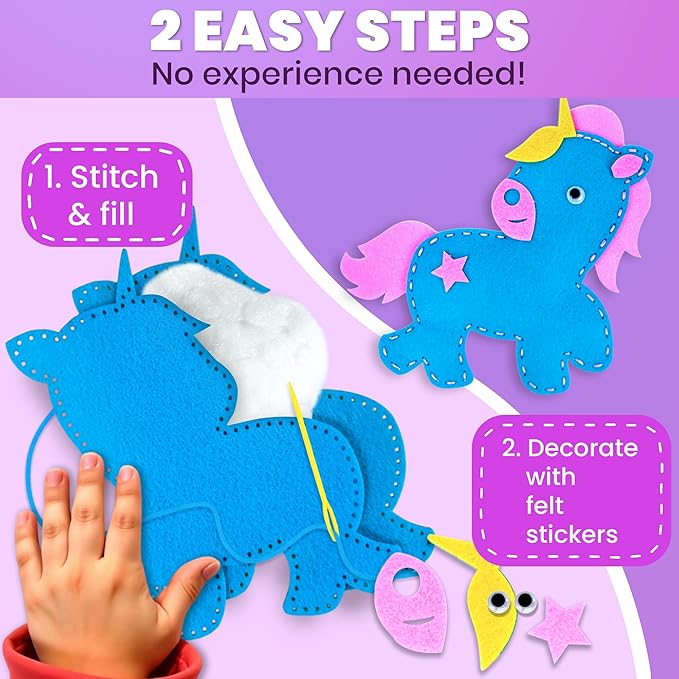 QUOKKA Kids Crafts Ages 7-8, DIY Beginner Needle and Thread Kit - 12 Fairy Tale Sewing Kit Basic - Fun Arts Crafts for Kids Ages 6-8 Girls Boys - Plastic Needles, Scissors - 7+ Year Old Girl Gifts