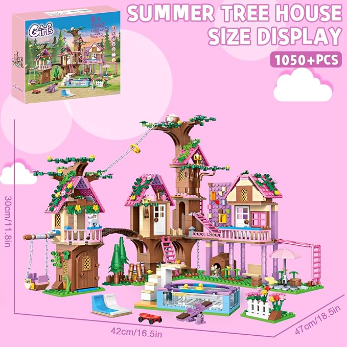 Fantasia Summer Tree House Building Blocks Multi Level Playset with Pool Rope Swing Bridge Creative Construction Toy for Kids Teens