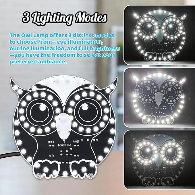 ICSTATION Soldering Learning Kit, Touch Control Owl Light Soldering Project With 3 Light Modes Brightness Adjustment Owl Shaped LED DIY Kit for Beginners School Students Education Halloween Present
