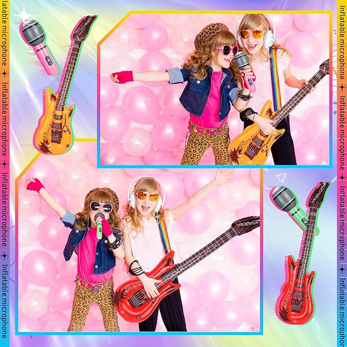 24 Pcs Colorful Inflatable Instruments Rock Star Toy Set Including 12 Pcs Plastic Microphones, 12 Inflatable Guitars and 1 Inflator for Musical Concert Themed Party Decoration