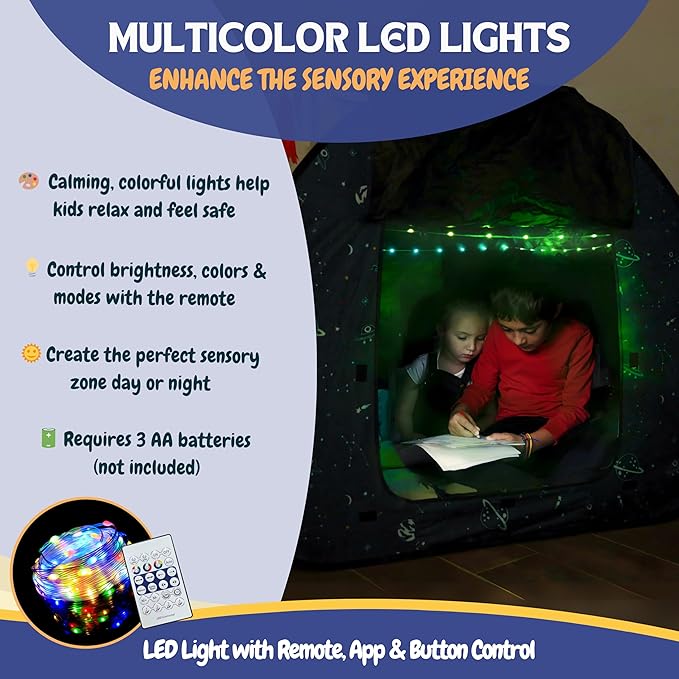 L’ARCHE Sensory Tent for Kids with LED Lights & Remote Blackout Pop-Up Calm Down for Autism, ADHD & SPD Indoor Sensory Room Play Tent Foldable & Portable (Space Theme, Big 47.2 inches)