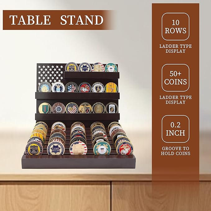 Challenge Coin Display Stand Coin Holder American Flag with Warm Color Holder Wooden Rack Gift for Military Army for Father, Military Coin Holder Display Case